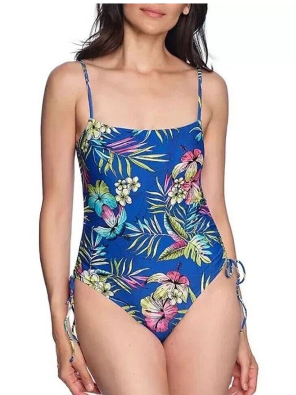 LOFT Swim Ruched Tie Side Blue Floral One Piece Swimsuit XL